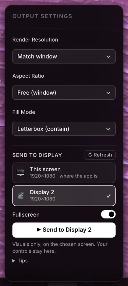 The Output panel with Send to display
