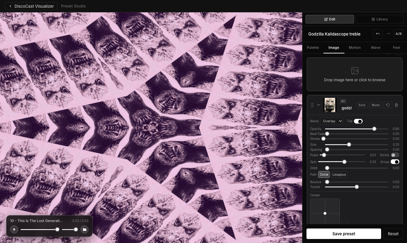 Preset Studio editor showing custom visual controls and image layers