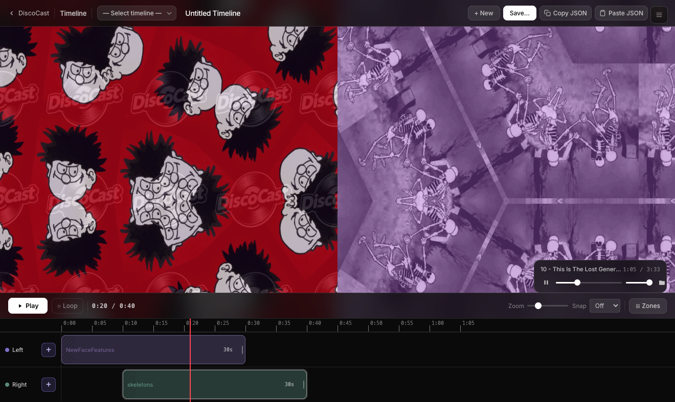 Timeline editor showing preset sequencing and zone compositor