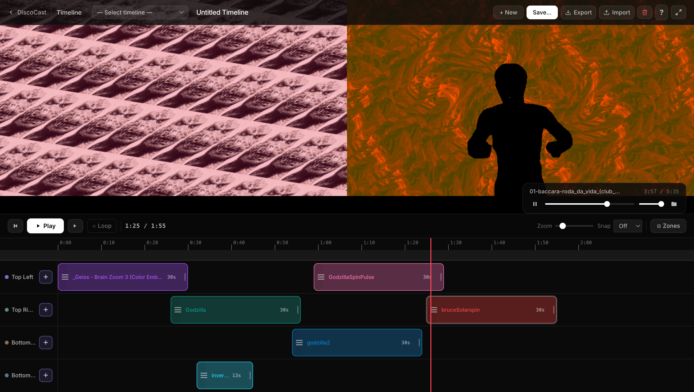 Timeline editor showing zone compositor and multi-track layout